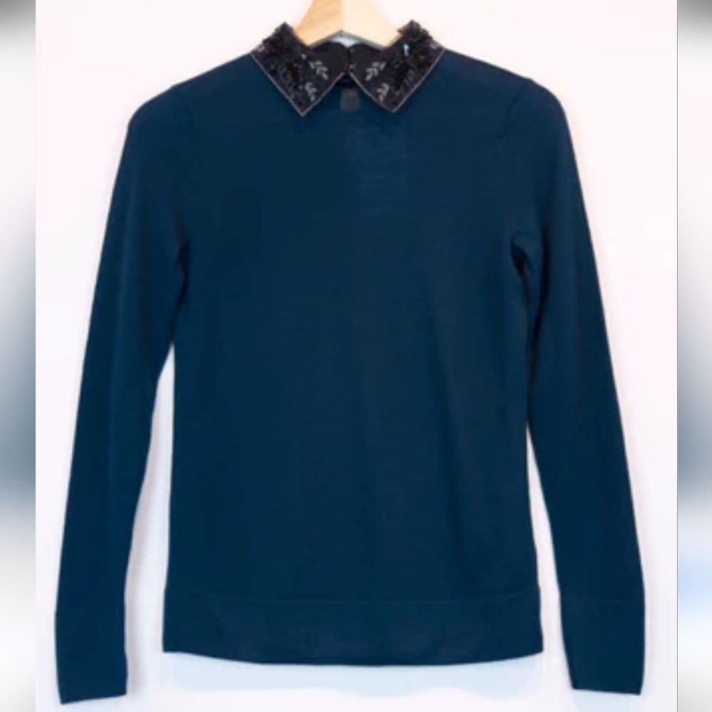 Club Monaco Dark Teal Merino Wool Penny Embellished Collar Sweater Small